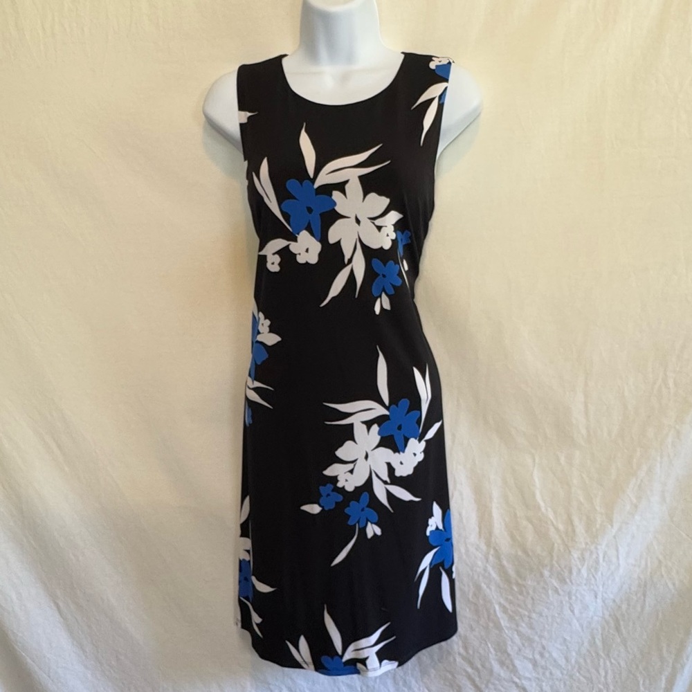 D-142 J Howard Black Blue & White Floral Lined Sleeveless MIDI Dress Size 10